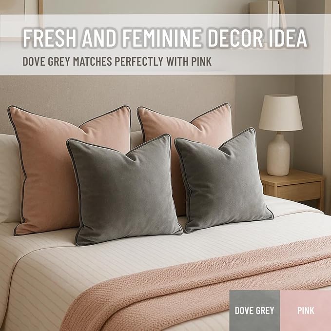 2 Pack Velvet Decorative Throw Pillow Covers, 12"x20", Dove Grey, Solid, Modern, Contrast Piping, Indoor Use, Bedroom & Living Room