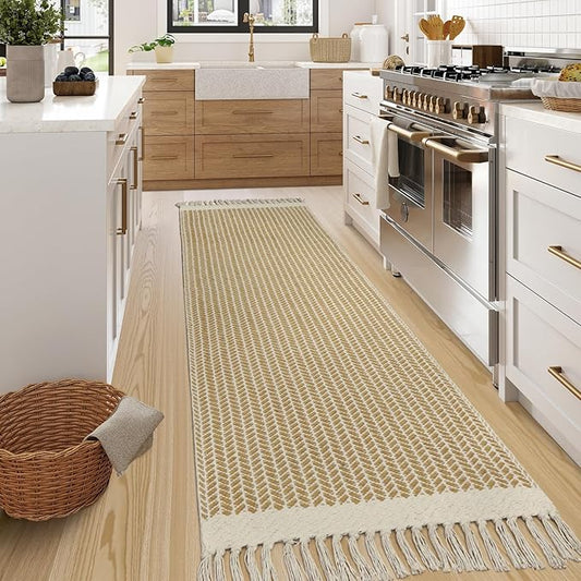 Lahome Boho Laundry Room Rug, 2x7 Runners for Hallways Lightweight Entry Woven Cotton Runner Rug with Tassels, Farmhouse Non Shedding Washable Rugs Low Pile Runner for Kitchen Bathroom, Khaki