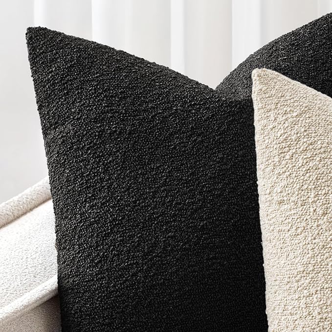 Woaboy Pack of 2 20x20 Inch Decorative Boucle Throw Pillow Covers Textured Square Pillowcaes Accent Solid Cozy Soft Cushion Covers Home Decor for Sofa Couch Living Room Home Decor,Black