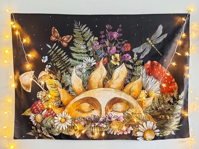 Boho Sun Tapestry for Bedroom Aesthetic, Vintage Mushroom Botanical Plant Art Large Tapestries Wall Hanging for College Dorm Living Room Decor 80X60", Fairy Galaxy Poster Blanket