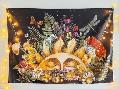 Boho Sun Tapestry for Bedroom Aesthetic, Vintage Mushroom Botanical Plant Art Tapestries Wall Hanging for College Dorm Living Room Decor 40X30, Fairy Galaxy Poster Blanket