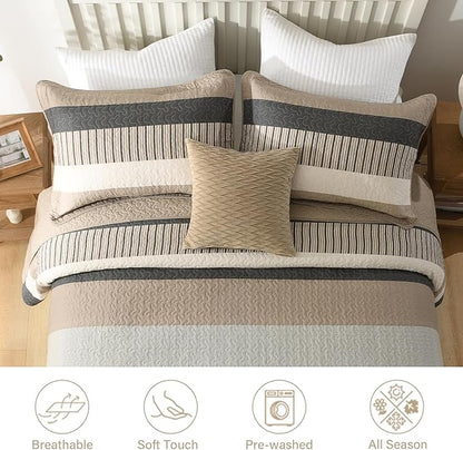 Finlonte Bedspread King Size 100% Cotton Oversized King Size Bedspreads Charcoal Brown Beige Extra Super King Quilted Bed Spread Striped Farmhouse Lightweight Soft Bedding Set for All Season, 3 Piece