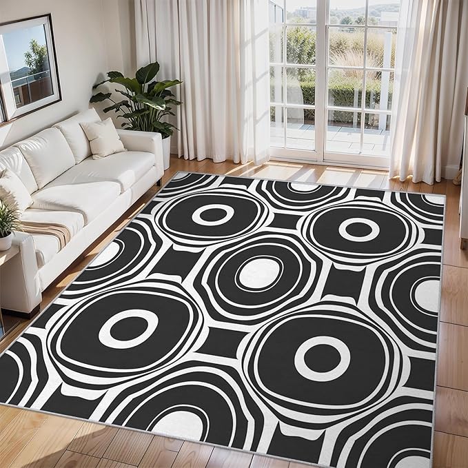 Black and White Geometric Rugs for Entryway, 2x3 ft, Ring Circle Area Rugs for Bedroom Kitchen Entrance, Soft Non Slip Washable Modern Abstract Indoor Door Mat Home Decorations Dt-Ghf-31