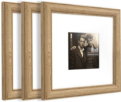 Heimlove 8x8 Picture Frame,8 x 8 Solid White Oak Square Photo Frame with Tempered Glass,8"x8" Handcrafted Wood Frame Matted to 4x4 Photos for Wall or Tabletop Art Photo and Prints,3 Pack