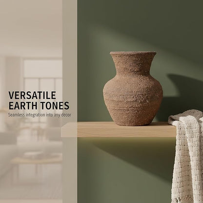 Rustic Wide Mouth Ceramic Flower Vase - Vintage Farmhouse Style Decor, Handmade Clay Pottery Terracotta Textured for Living Room, Office Desk Table Shelf (Dark brown3)