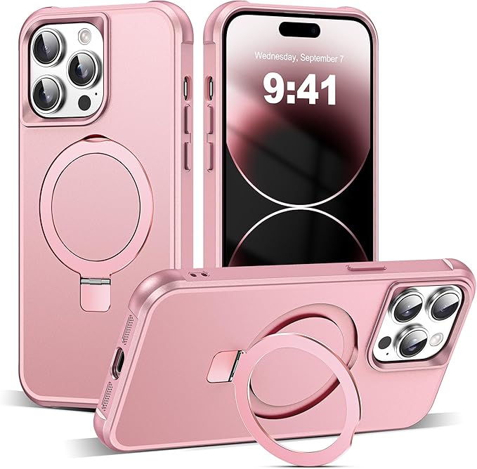 Compatible with iPhone 14 Pro Case with Invisible Magnetic O-Ring Stand Military-Grade Case for iPhone 14 Pro 6.1" [Compatible with Mag-Safe][Great Grip Feeling], Rose Gold