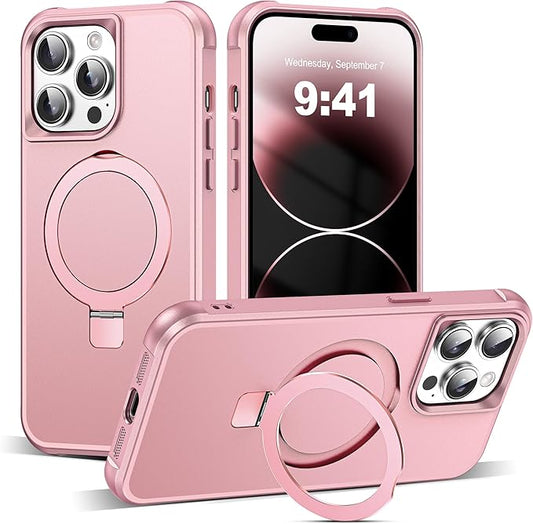 Compatible with iPhone 14 Pro Case with Invisible Magnetic O-Ring Stand Military-Grade Case for iPhone 14 Pro 6.1" [Compatible with Mag-Safe][Great Grip Feeling], Rose Gold