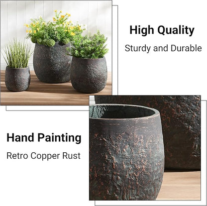 Wallowa 17.3"+12.9"+9.0" Dia Weathered Concrete Flower Pots, Modern Round Style Concrete Planter for Home, Garden, Patio, Courtyard, Bronze Rust Color, Set of 3