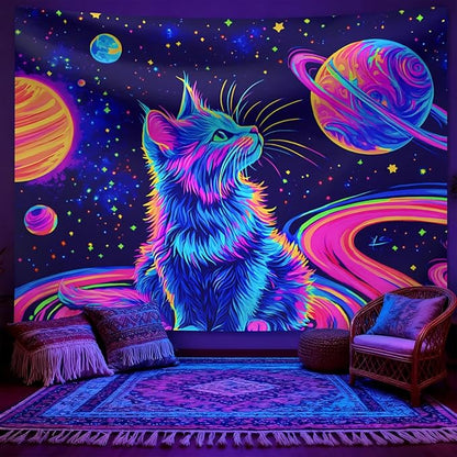 seewan Black Light Space Cat Tapestry, Glow-in-the-Dark UV Neon Galaxy Kitten with Planets Wall Hanging, Psychedelic Cosmic Art Tapestry, Bedroom Dorm Living Room Background Decor