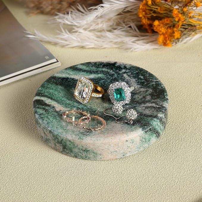 Koville Luxury Stone Jewelry Dish, Small Round Trinket Tray for Ring Necklace Earring, 4" Decorative Dish, Aesthetic Home Table Decor, Natural Stone Soap Dish for Bathroom Kitchen((Green)