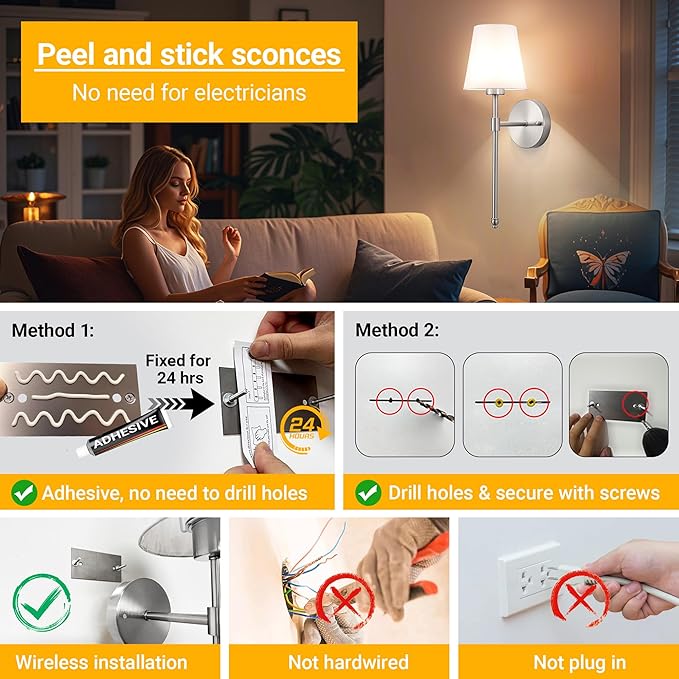 Battery Operated Wall Sconce: Peel and Stick Adhesives Stick On Non Drill Wall Light, Rechargeable Wireless Wall Lamp with Battery Corn Bulb for Bedroom Wall Decor (Gold,20inch)