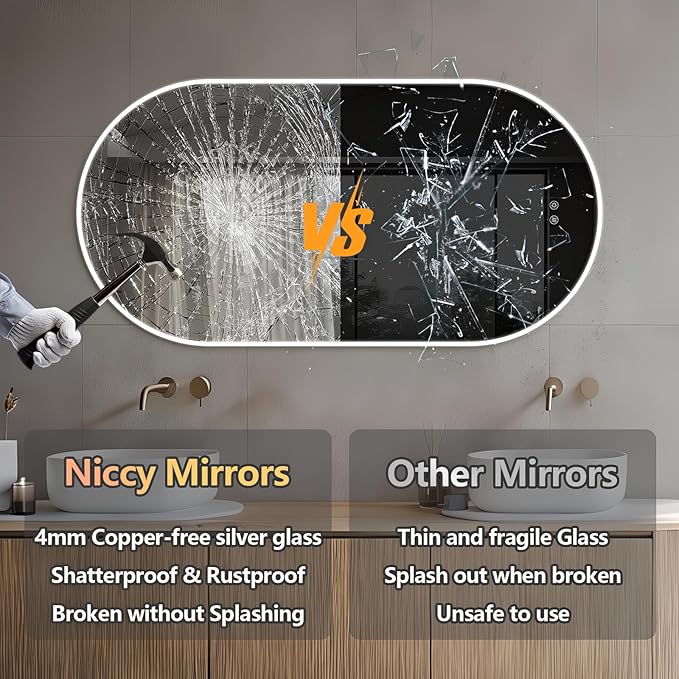 Niccy Oval LED Bathroom Vanity Mirror, 32"x20" Front lit Mirror with Light, Smart Anti-Fog Waterproof Mirror with Memory Function Dimmable Lighted Mirror