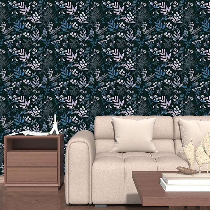 Vintage Blue Wallpaper Peel and Stick Dark Pink Floral Wallpaper 17.5'' x 118'' Dark Blue Leaf Contact Paper Vinyl Waterproof Self Adhesive Boho Botanical Wall Paper for Bedroom Cabinet Décor