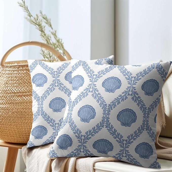 Light Blue Coastal Pillow Covers 22x22 Set of 2 Ocean Coral Shell Pattern Outdoor Decorative Linen Summer Throw Pillows Cases with Zipper Cushion Cover Rustic Decoration Farmhouse Sofa Couch Bed Decor