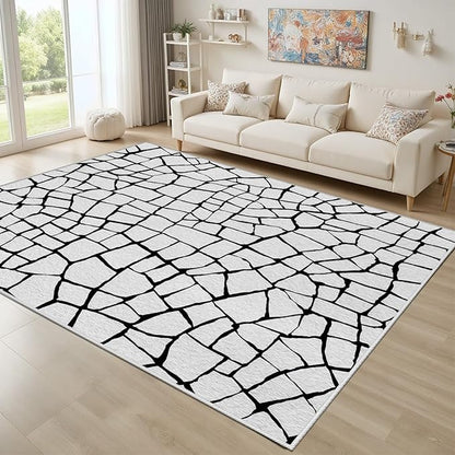 Black and White Area Rug - Abstract Rug 5x8, Contemporary Minimalist Rugs, Geometric Cracks Area Rugs, Modern Geometric Carpet for Living Room, Washable Non Slip Home Decor Mat