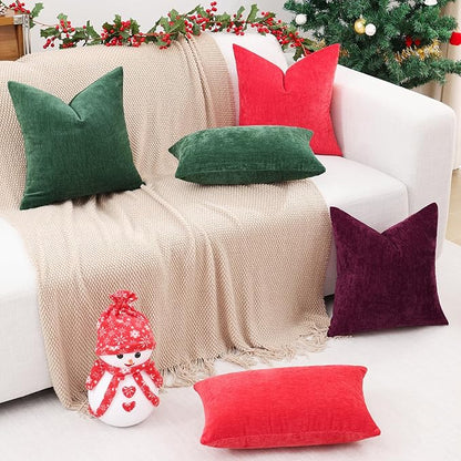 decorUhome Chenille Red Throw Pillow Covers 12x20 Inch Set of 2, Decorative Soft Couch Pillow Covers Solid Dyed Accent Farmhouse Neutral Rectangle Pillow Cases for Sofa