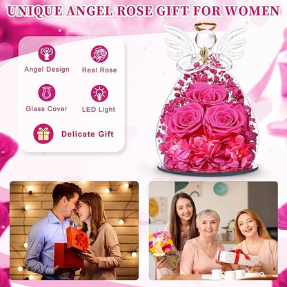 Beferr Valentines Day Rose Gifts for Her Women Mom Gifts for Birthday, Fresh Flowers for Delivery Prime Forever Preserved Rose in Glass Angel Figurine, for Grandma Wife Kids Daughter