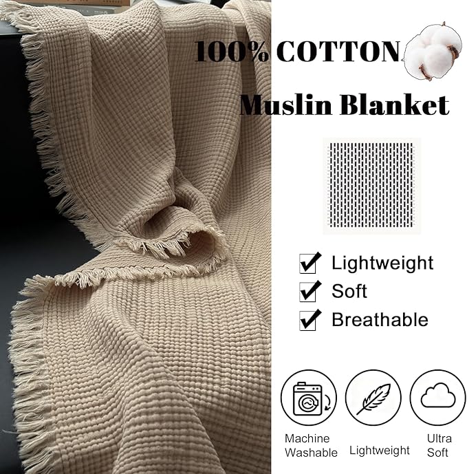 MorroMorn 100% Cotton Muslin Blanket with Fringes Twin Size 60"x80", 4-Layer Gauze Blankets for Adults, Boho Bedding Breathable Lightweight Ultra-Soft Farmhouse Decor for Couch Bed All Seasons, Khaki