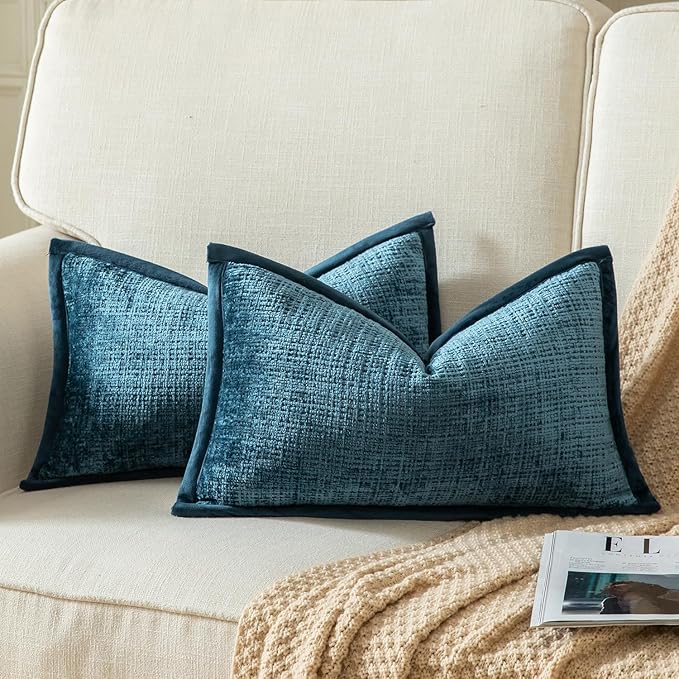 Yaertun Pack of 2 Chenille Textured Decorative Throw Pillow Covers Accent Solid Cushion Cover Soft Cozy Pillow Case with Velvet Back for Couch Sofa Bed Living Room 16x24 Inch Blue