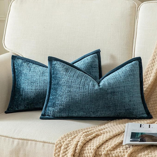 Yaertun Pack of 2 Chenille Textured Decorative Throw Pillow Covers Accent Solid Cushion Cover Soft Cozy Pillow Case with Velvet Back for Couch Sofa Bed Living Room 12x20 Inch Blue