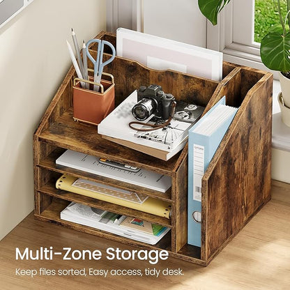 Wooden Desk Organizer with Adjustable Partitions, Multi-Layer Desktop File Holder for Home Office, Paper & Stationery Storage Organizer, Rustic Brown MWJ04FG