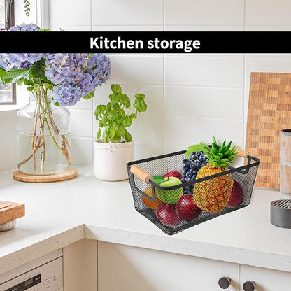 2Pack Metal Mesh Steel Basket with Bamboo Handle - Wire Metal Basket for Kitchen Organization, 12" Wide Food Organizer Bin, Perfect for Organizing Bulk Pantry (BLACK)