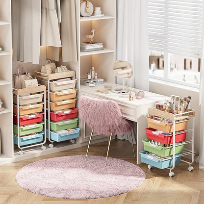 Rolling Storage Utility Cart with 6 Drawers,Art Supply Craft Organizer,Sewing Makeup Organizer and Storage,Office Organization Wooden Tabletop,Rainbow