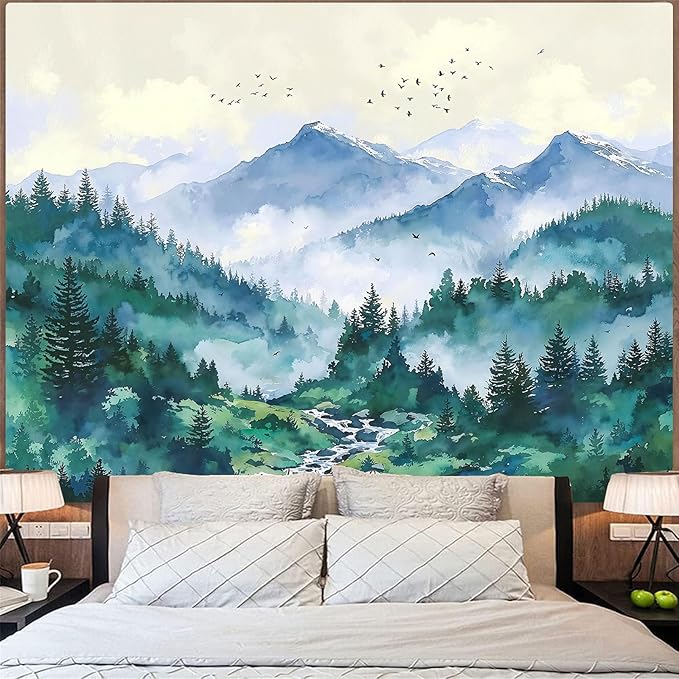 Haibimen Monet Nature Mountain Tapestry Wall Hanging Green Forest Stream Birds Landscape tapestrise for Bedroom Watercolor Aesthetic Wall Decor for Living Room Dorm (forest-3, 48''×36'')