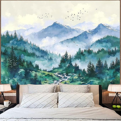 Haibimen Monet Nature Mountain Tapestry Wall Hanging Green Forest Stream Birds Landscape tapestrise for Bedroom Watercolor Aesthetic Wall Decor for Living Room Dorm (forest-3, 48''×36'')