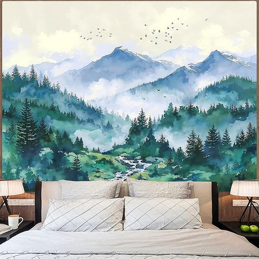 Haibimen Monet Nature Mountain Tapestry Wall Hanging Green Forest Stream Birds Landscape tapestrise for Bedroom Watercolor Aesthetic Wall Decor for Living Room Dorm (forest-3, 60''×44'')