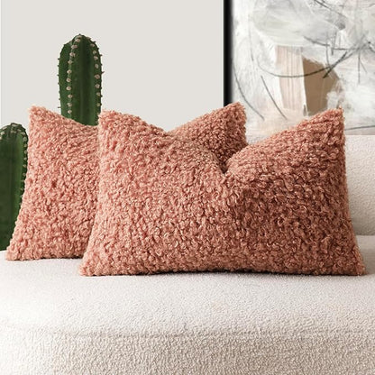 Foindtower Set of 2 Curly Teddy Wool Pillow Covers Decorative Boucle Textured Lumbar Throw Pillow Faux Fur Sherpa Pillowcases Sheepskin Fuzzy Cushion Case for Sofa Bedroom Car 12"x20" Dusty Pink