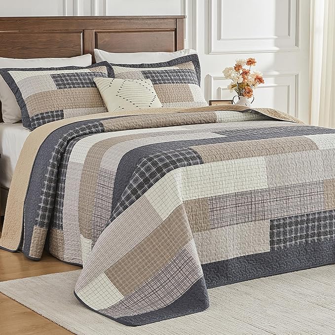 SahSahCasa 120"x102" 100% Cotton Oversized Queen Bedspread Coverlet Quilt Set, Patchwork Plaid Quilted Bedspread Extra Large Quilt, XL Bed Spread Lightweight Comforter, 3pc, Dark Slate Gray