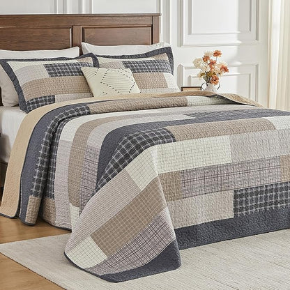 SahSahCasa 120"x120" 100% Cotton Oversized California King Bedspread Coverlet Quilt Set, Plaid Cal King Quilted Bedspread Extra Large Quilt, XL Bed Spread Lightweight Comforter, Dark Slate Gray