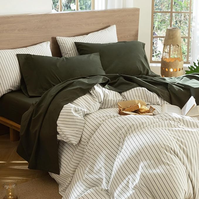MooMee Bedding Sheet Set 100% Washed Cotton Linen Like Textured Breathable Durable Soft Comfy (Solid Olive Green, Full)