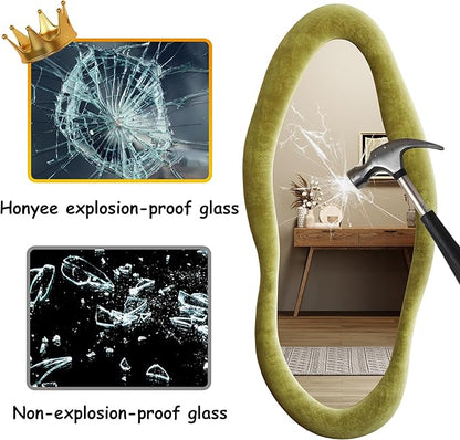 Honyee 55" x 24" Wavy Mirror, Flannel Wrapped Wooden Frame, Irregular Hanging for Cloakroom/Bedroom/Living Room, Green