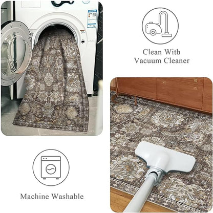 RUGSURE Washable Area Rugs - Perfect for Living Room, Bedroom, Kids Room, Nursery - Stain & Water Resistant Non-Slip, Pet & Child Friendly, Vintage Tribal Area Rugs (Ivory, 5' x 7')