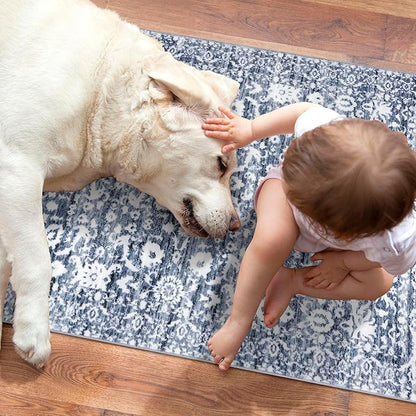 Runner Rug 2x10, Light Blue White Washable Long Hallway Rug Runner Non-Slip Soft Kitchen Runner Thin Printed Faux Wool Super Soft Carpet for Entryway Bedroom Laundry Room Indoor Home Decor