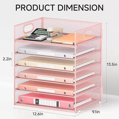 6 Tray Paper Organizer Letter Tray with Handle - Mesh Desk File Organizer, Paper Sorter Organizer for Office, Home or School File Folder Holder - Pink