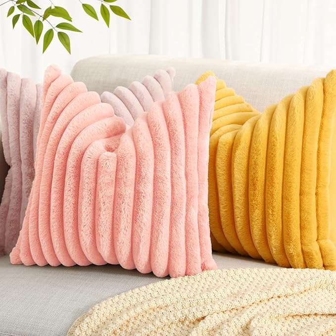 decorUhome Faux Fur Spring Throw Pillow Covers 12x20 Set of 2, Decorative Soft Plush Striped Lumbar Neutral Couch Pillow Covers with Velvet Back for Sofa, Bed, Living Room Home, Blush Pink