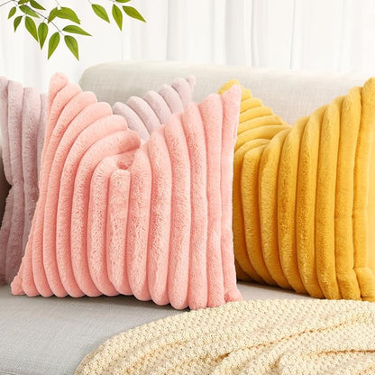 decorUhome Faux Fur Spring Throw Pillow Covers 12x20 Set of 2, Decorative Soft Plush Striped Lumbar Neutral Couch Pillow Covers with Velvet Back for Sofa, Bed, Living Room Home, Blush Pink