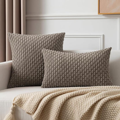 Kevin Textile 14x24 Inch Pillow Cover 1 Pack Boho Decorative Soft Striped Corduroy Lumbar Farmhouse Color Accent Rectangle Cushion Case for Living Room Couch Sofa Bed, Light Brown