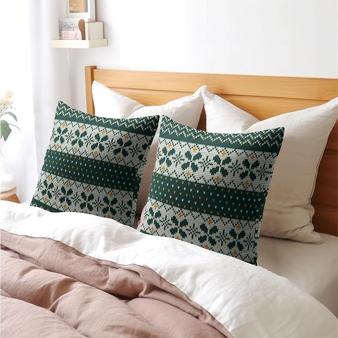 Dark Green Christmas Pillow Covers 18x18 Set of 2 Xmas Floral Pattern Rustic Decorative Outdoor Farmhouse Zipper Pillowcases Decorations Winter Holiday Throw Cushion Cover Decor for Couch Sofa Bed