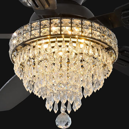 Crystal Ceiling Fan Fandelier with Lights-Ceiling Fans,50" Low Profile and Remote Control, Flush Mount, Reversible, Dimmable, Noiseless, Black Ceiling Fan for Bedroom