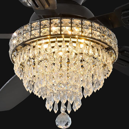 Crystal Ceiling Fan Fandelier with Lights-Ceiling Fans,50" Low Profile and Remote Control, Flush Mount, Reversible, Dimmable, Noiseless, Black Ceiling Fan for Bedroom