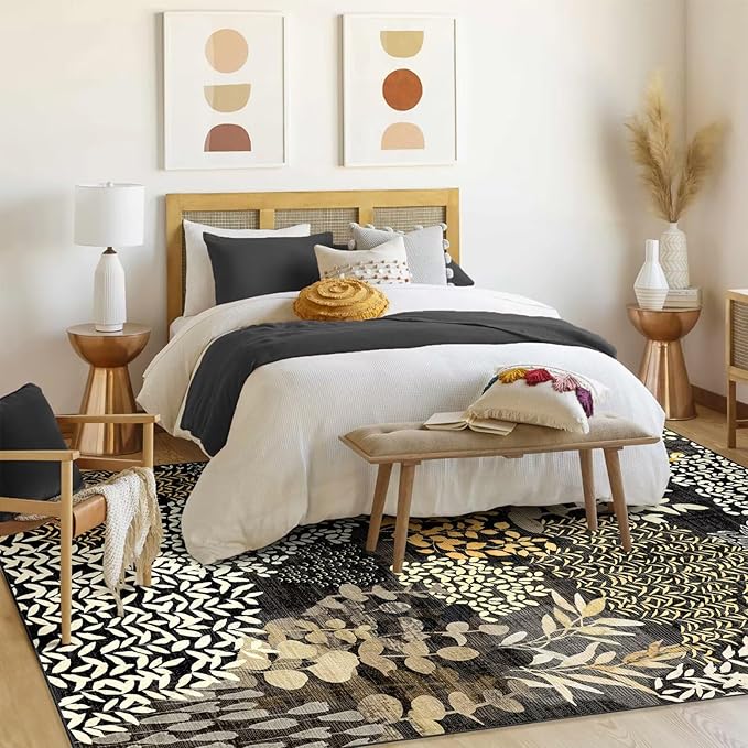 DEXDE 8x10 Area Rug, Soft Washable Abstract Area Rugs Non-Slip Vintage Boho Rug Leaves Floral Print Carpet for Living Room Bedroom Office Dining Room Playroom, Black