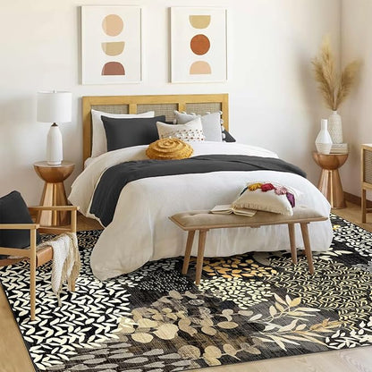 DEXDE 8x10 Area Rug, Soft Washable Abstract Area Rugs Non-Slip Vintage Boho Rug Leaves Floral Print Carpet for Living Room Bedroom Office Dining Room Playroom, Black