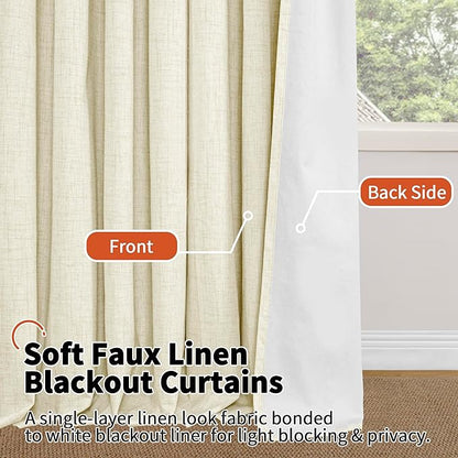 Lajode Cream 100% Blackout Curtains for Living Room 84 Inch Length 2 Panels Set, Thermal Insulated Light Blocking Faux Linen Curtains for Bedroom, Bronze Grommet Boho Window Drape Each 52" Wide