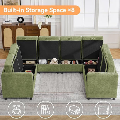 104'' U Shaped Modular Sofa, Sectional Couches with Storage for Living Room, Oversized 8 Seater Cloud Sectional Couch, Chenille Green