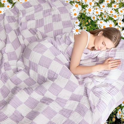 EMME Checkered Cotton Blanket Queen Size for Bed Soft Large Muslin Bed Blankets 80"x90" Lightweight Breathable Cooling All Season, Lavender