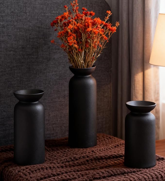 Black Ceramic Vase Set of 3 Small Boho Modern Room Decor for Home Decor Farmhouse Centerpiece Table Decorations